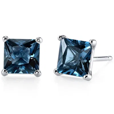 Pre-owned Limor 14k White Gold Princess Cut London Blue Topaz Gemstone Stud Earrings