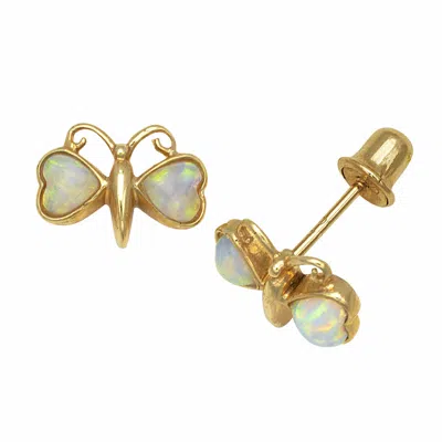Pre-owned Limor Children Heart Shape Opal Butterfly Stud Earrings Screw Back 14k Yellow Gold In White