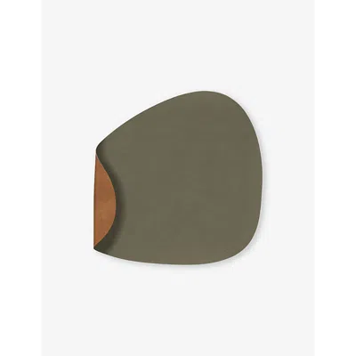 Lind Dna Curve Large Reversible Leather Table Mat 35cm-45cm In Army Green And Nature