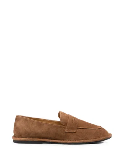 Linda Baumann Suede Penny Loafers In Brown