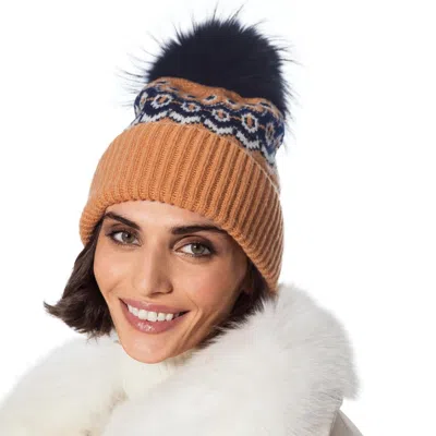 Linda Richards Nordic Inspired Pom Hat In Tan And Navy In Brown