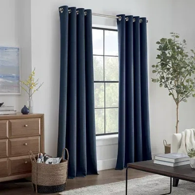 Linden Street Gwen Basketweave Grommet Top Light-filtering Single Curtain Panel In Blue
