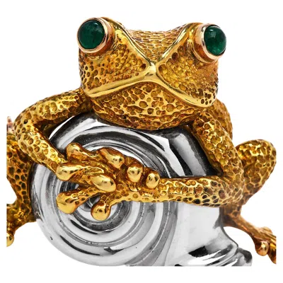 Pre-owned Lindsay & Co. Vintage Emerald Platinum 18k Gold Frog Brooch Pin In Green