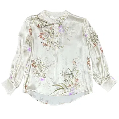 Lindsay Nicholas New York Women's Poet Blouse In Crème Bird Fleur Silk Satin