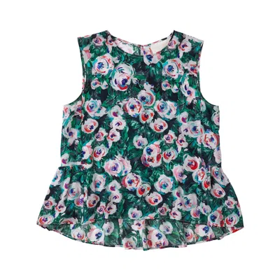 Lindsay Nicholas New York Women's Silk Peplum Top In Pink And Green Peony In Green/pink