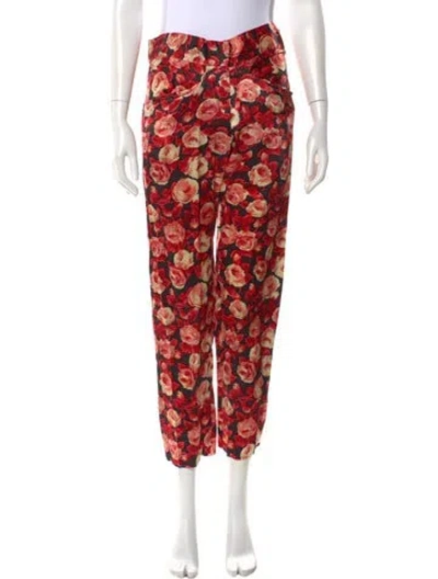 Pre-owned Lindsey Thornburg Floral Print Straight Leg Pants In Red
