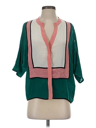 Pre-owned Line & Dot 3/4 Sleeve Silk Top Green Color Block Pattern Plunge Neckline Tops