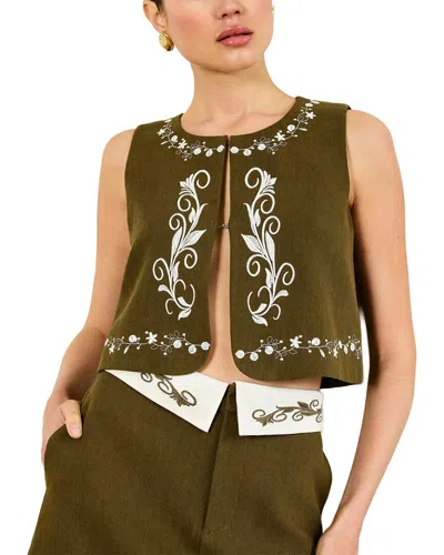 Line & Dot Brea Embroidered Linen-blend Top In Green