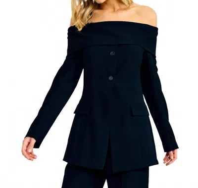 Line And Dot Derrick Off The Shoulder Top In Blue