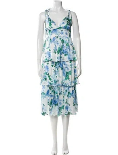Pre-owned Line & Dot Floral Print Midi Length Dress In Blue