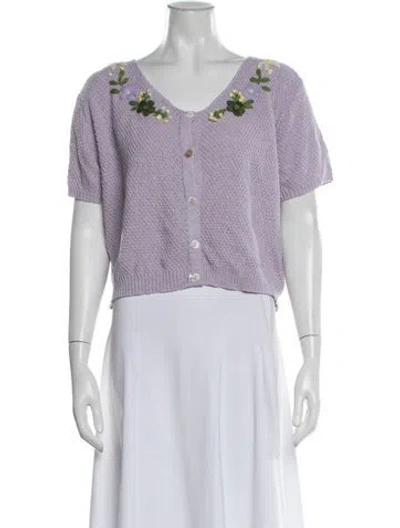 Pre-owned Line & Dot Floral Print V-neck Sweater In Purple