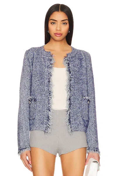 Line And Dot Fringe Trim Cardigan In Denim In Blue