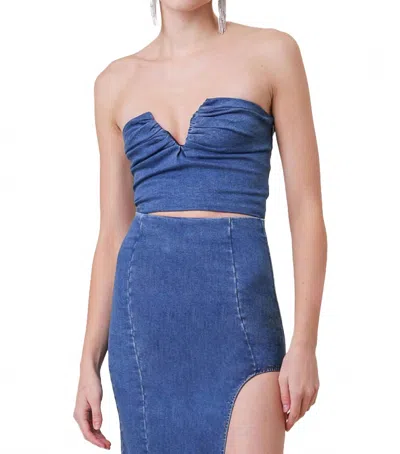 Line And Dot Joey Denim Top With Ruched Front Detail In Blue