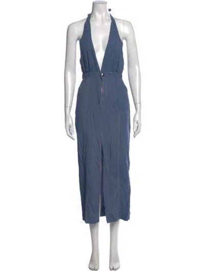 Pre-owned Line & Dot Linen Long Dress In Blue