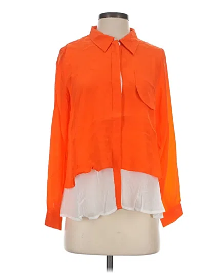 Pre-owned Line & Dot Long Sleeve Silk Top Orange Color Block Pattern Tie Neck Tops