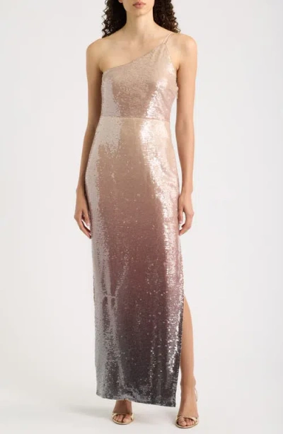 Line & Dot Mirage One-shoulder Sequin Gown In Brown Multi