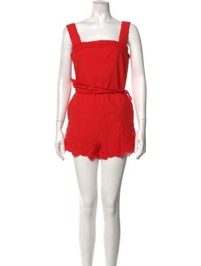 Pre-owned Line & Dot Patterned Square Neckline Romper In Red