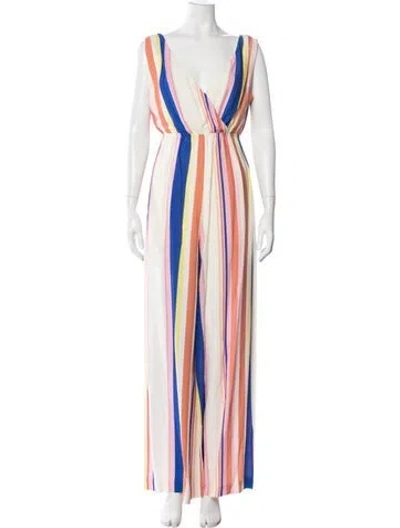 Pre-owned Line & Dot Striped V-neck Jumpsuit In Blue