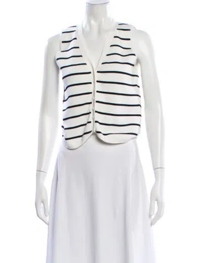Pre-owned Line & Dot Striped V-neck Sweater In White