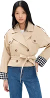 Line & Dot Alba Crop Trench Jacket With Gingham Check Cuffs Beige/blac In Beige/blac