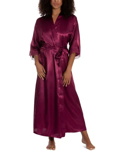 Linea Donatella Lace-trim Long Charmeuse Satin Wrap Robe In Magenta In Purple