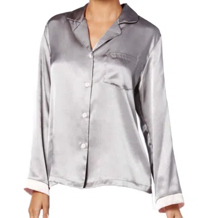 Linea Donatella Satin Long Sleeve Pajama Top In Gray/pink In Silver