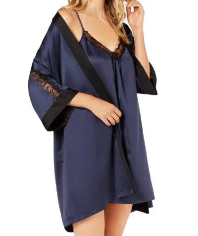 Linea Donatella Sets To Go Satin Chemise And Wrap Robe In Navy In Blue