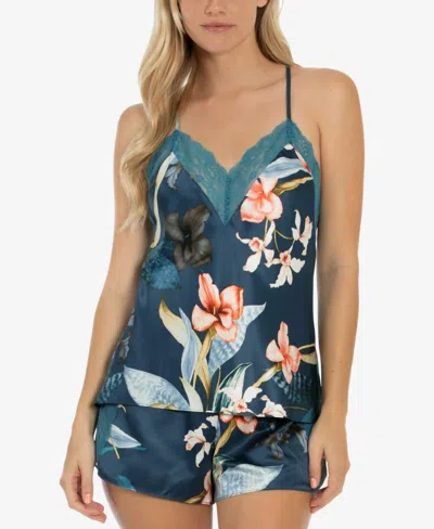Linea Donatella Tropical Print Satin Cami & Tap Shorts Lingerie Set In Teal In Blue