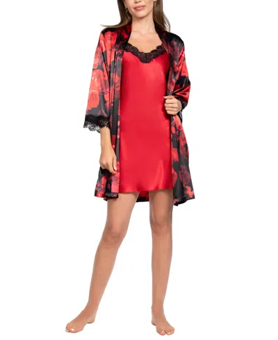 Linea Donatella Women's 2-piece Sofi Rose Sleeveless Chemise And Wrapper Set In Red