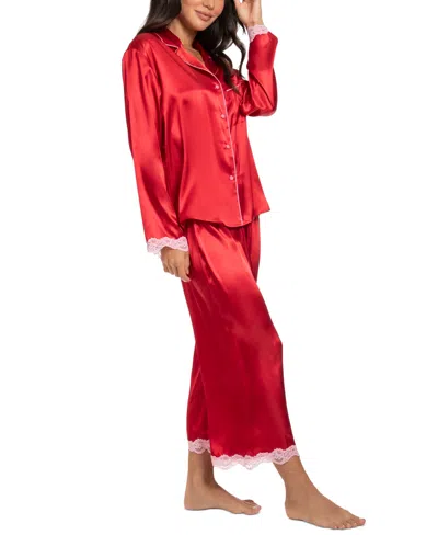 Linea Donatella Women's 2pc. Lace-trm Long Pajama Set In Red
