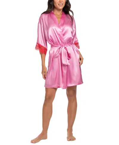Linea Donatella Women's Pink Wrapper Satin Lace-cuff Robe In Red