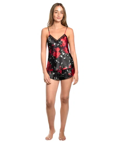 Linea Donatella Women's Satin Floral V-neck Short Set, 2-piece Set In Black