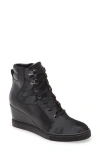 Linea Paolo Fleur Wedge Sneaker In Black Camo Fabric/leather