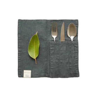 Linen Tales 100% Linen Cutlery Pocket In Forest Green In Gray