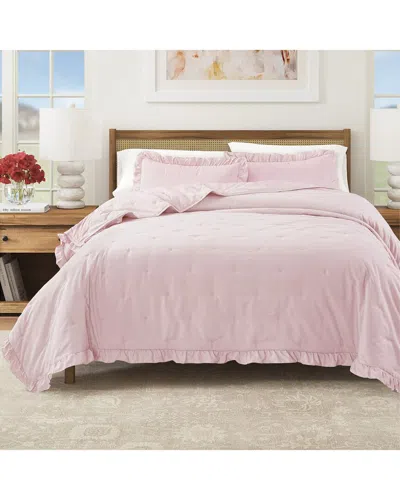 Linery & Co . Dot Stitch Ruffled Quilt Set In Pink