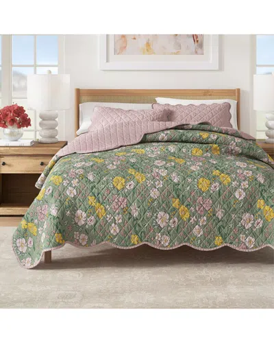 Linery & Co . Gwen Reversible Cotton Floral Scallop Quilt Set In Green