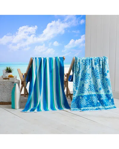 Linery & Co . Maui 100% Cotton Jacquard 2-pack Summer Beach Towels In Blue