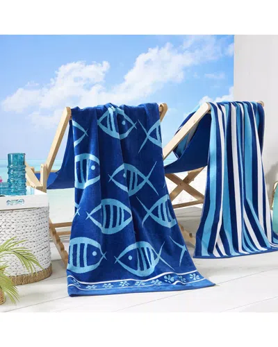 Linery & Co . Maui 100% Cotton Jacquard 2-pack Summer Beach Towels In Blue