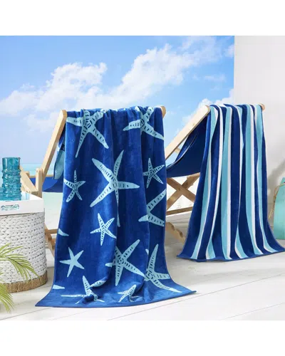 Linery & Co . Maui 100% Cotton Jacquard 2-pack Summer Beach Towels In Blue