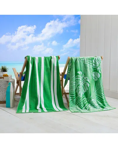 Linery & Co . Maui 100% Cotton Jacquard 2-pack Summer Beach Towels In Green