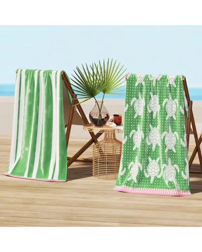 Linery & Co . Maui 100% Cotton Jacquard 2-pack Summer Beach Towels In Green