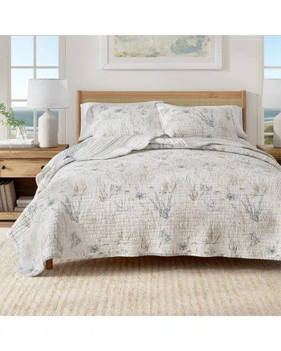Linery & Co . Newcomb Coastal Coral Stitched Quilt Set In White