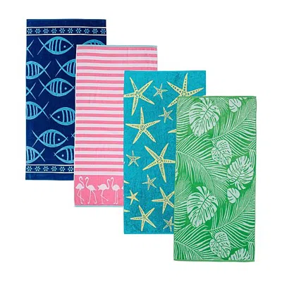 Linery Cotton Jacquard Printed 4-pc. Quick Dry Beach Towel In Pink