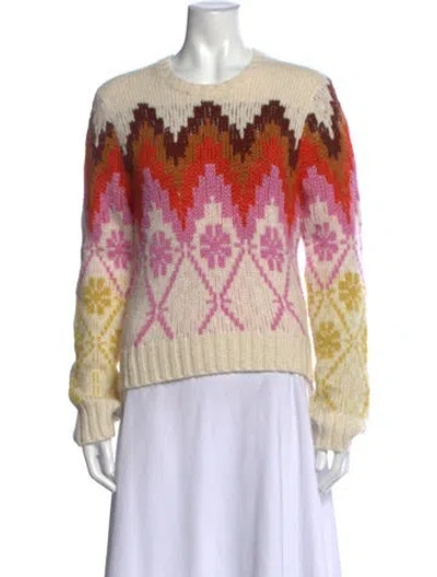 Pre-owned Lingua Franca Baby Alpaca Graphic Print Sweater In White