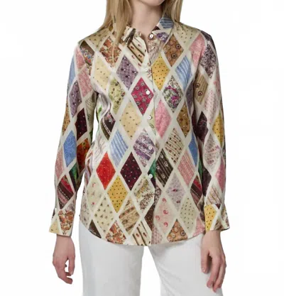 Lingua Franca Emerson Button Up Top In Diamond Print In Blue