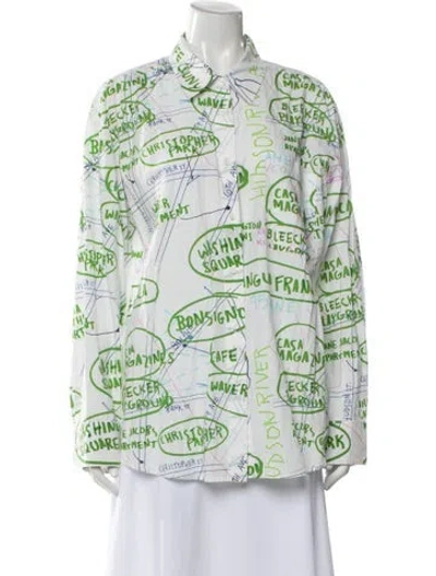 Pre-owned Lingua Franca Graphic Print Long Sleeve Button-up Top In Green