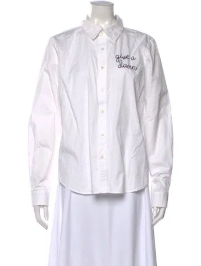 Pre-owned Lingua Franca Graphic Print Long Sleeve Button-up Top In White