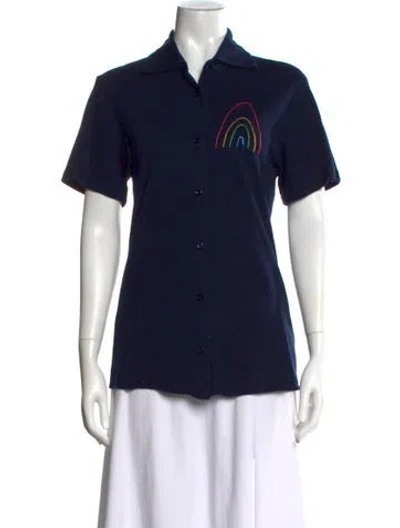 Pre-owned Lingua Franca Graphic Print Short Sleeve Button-up Top In Blue