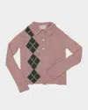 Lingua Franca Lee Wool-blend Tweed Argyle Polo Sweater In Rose Garden In Rose Garden