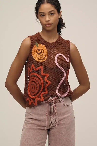 Lingua Franca Onar Appliqué Open-knit Sweater Vest In Brown